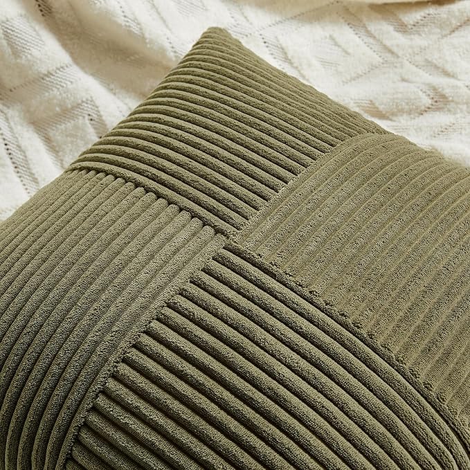 Fancy Homi 2 Packs Olive Green Samll Decorative Throw Pillow Covers 14x14 Inch with for Couch Bed Sofa, Rustic Farmhouse Boho Home Decor, Soft Corss Patchwork Corduroy Square Cushion Case 35x35 cm-Ruum Studio Home