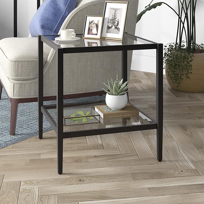 Henn&Hart 20" Wide Square Side Table with Glass Shelf in Blackened Bronze, Table for Living Room, Bedroom-Ruum Studio Home