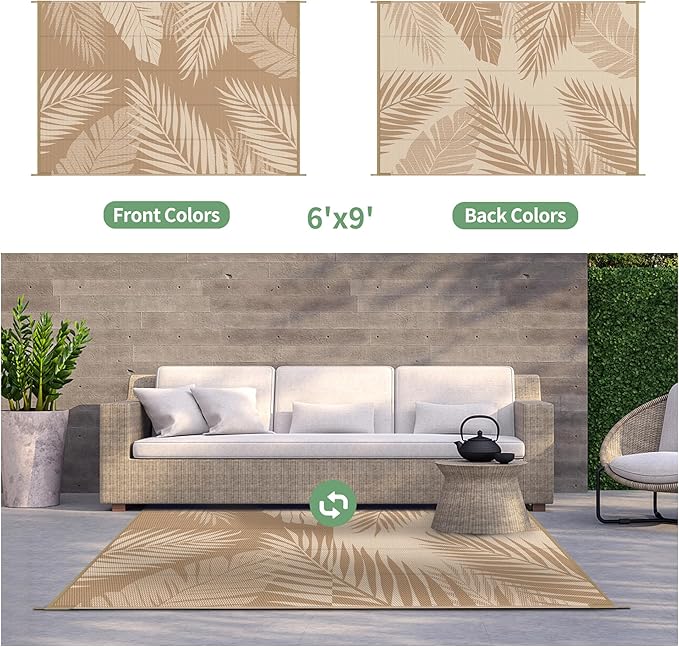 GENIMO Outdoor Rug 6' x 9' Waterproof for Patios Clearance, Reversible Outdoor Plastic Straw Camping Rug Carpet, Large Area Rugs Mats for RV, Camper, Deck, Balcony, Porch, Beach, Picnic, Brown&Beige-Ruum Studio Home