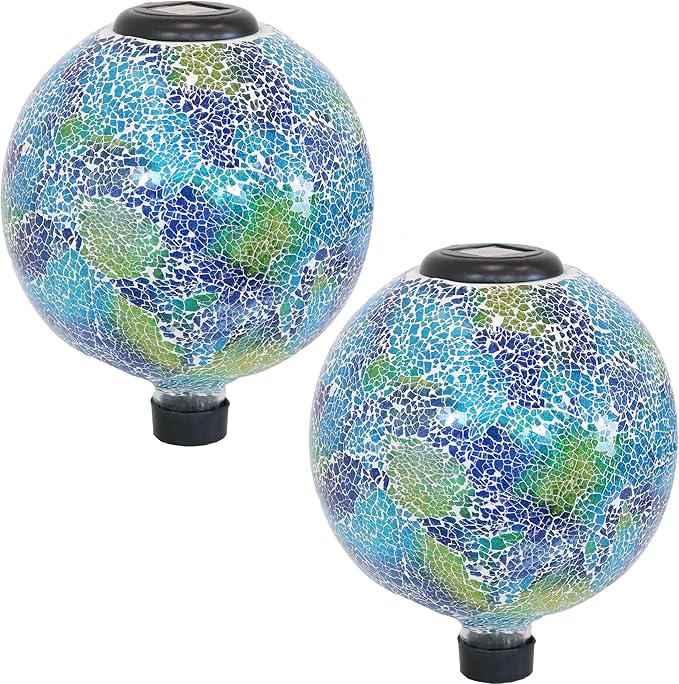 Sunnydaze Azul Terra 10" Crackled Glass Garden Gazing Globe with LED Solar Light - Set of 2-Ruum Studio Home