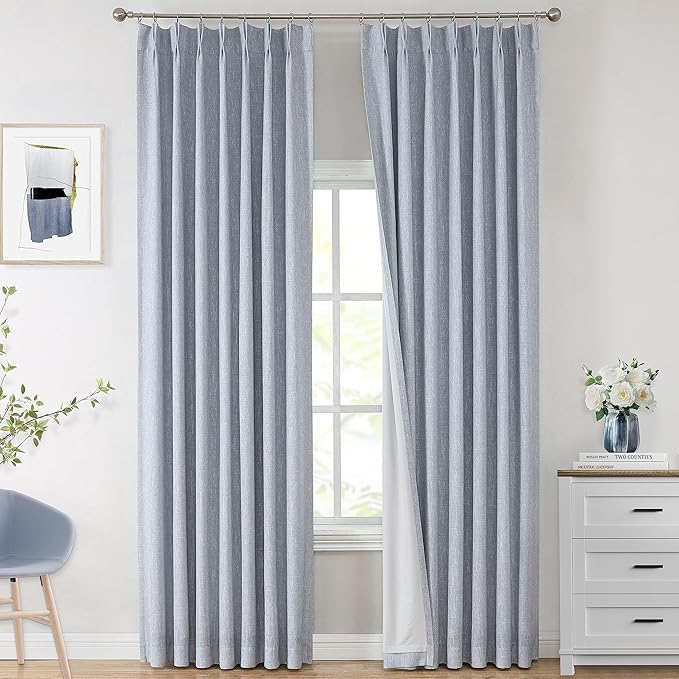 Vision Home Chambray Blue Pinch Pleated Full Blackout Curtains Room Darkening Window Curtains 90 inch for Living Room Bedroom Thermal Insulated Pinch Pleat Drapes with Hooks Back Tab 2 Panel 40"Wx90"L-Ruum Studio Home