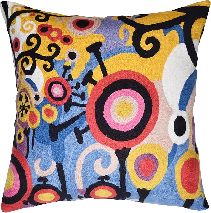 Kashmir Designs Yellow Tree of Life Decorative Pillow Cover Modern Couch Pillowcase Floral Chair Cushion Farmhouse Pillowsham Hand Embroidered Wool 18x18-Ruum Studio Home