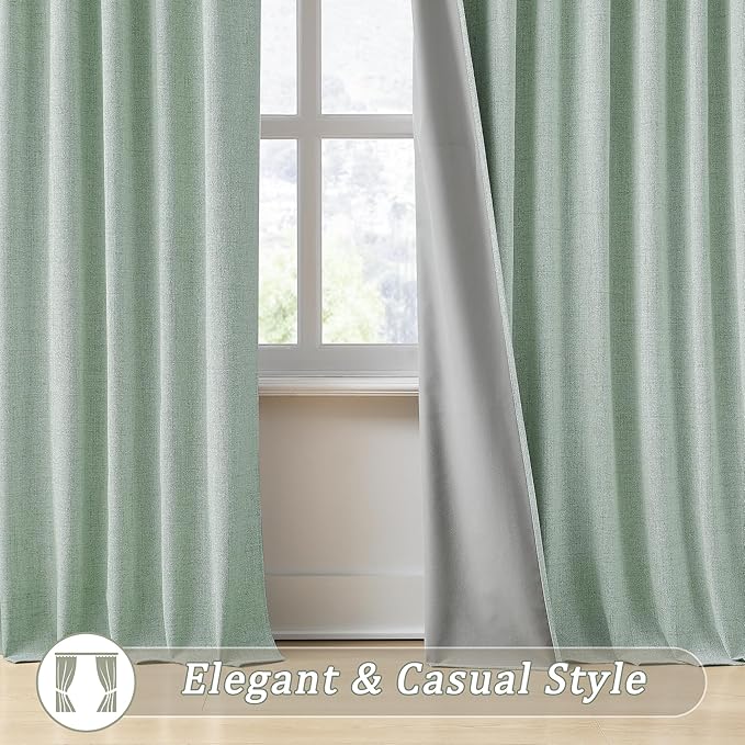 RAIN CITY Light Green Linen Blackout Curtains 45 Inch Long for Living Room,2 Panels Pinch Pleated Drape with Hooks Back Tab Boho Decor, Textured Full Black Out Curtains for Bedroom 50 x 45-Ruum Studio Home