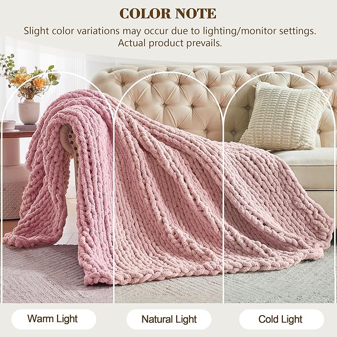 Carriediosa Chunky Knit Throw Blanket 60" X 80" Twin, 100% Hand Made Large Chenille Loop Yarn Soft Fluffy Throws for Couch Sofa Bed, Big Crochet Cozy Heavy Thick Cable Woven Blankets, Dusty Pink-Ruum Studio Home