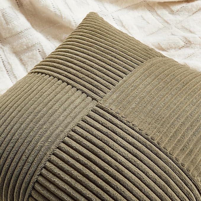 Fancy Homi 2 Packs Olive Green Lumbar Decorative Throw Pillow Covers 14x24 Inch for Couch Bed, Farmhouse Boho Home Decor, Soft Striped Corduroy Rectangle Accent Cushion Case 35x60 cm-Ruum Studio Home