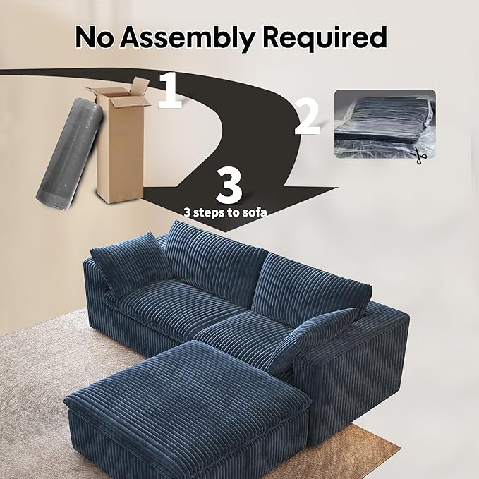 78.74" L Shaped Modern Sofa Modular Sectional Cloud Couch with Ottoman,Upholstered Couches with Plush Corduroy Fabric for Living Room Furniture,Bedroom and Apartment,No Assembly Required,Blue-Ruum Studio Home