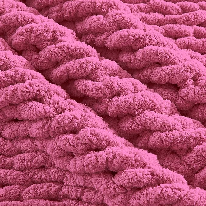 Carriediosa Chunky Knit Throw Blanket 50" X 60", 100% Hand Made Large Chenille Loop Yarn Soft Fluffy Throws for Couch Sofa Bed, Big Crochet Cozy Heavy Thick Cable Woven Blankets, Hot Pink-Ruum Studio Home