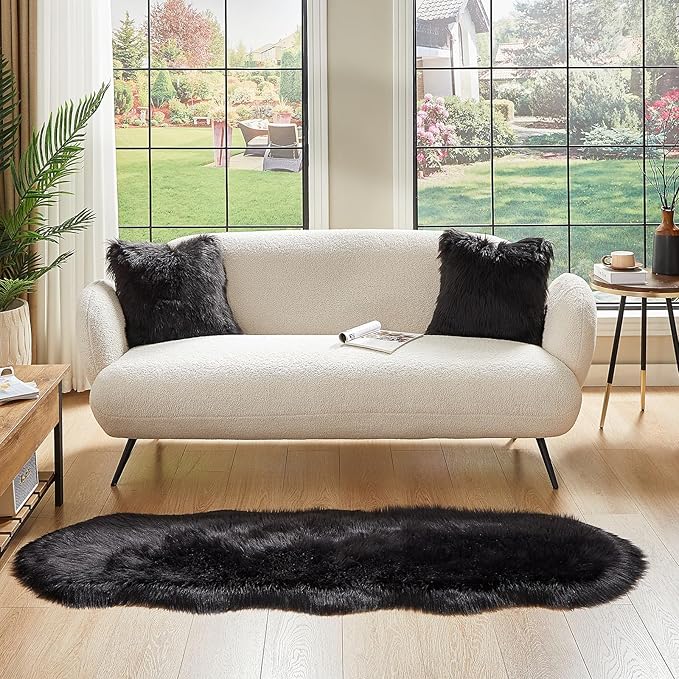 AMTOVO Faux Sheepskin Rug, Black Ultra Soft Fluffy Shag Area Rug, 2 x 6 ft Faux Fur Rug for Bedroom Sofa Throw Cushion Room Decor, Sheepskin-Ruum Studio Home