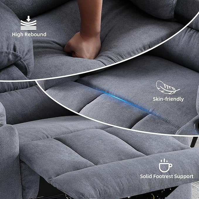 Rocker Recliner Chair with Heat and Massage, 360° Swivel Recliner Chairs for Adults, Heavy Duty Reclining Sofa Chair with USB Port Cup Holders Side Pockets for Living Room (Grey)-Ruum Studio Home