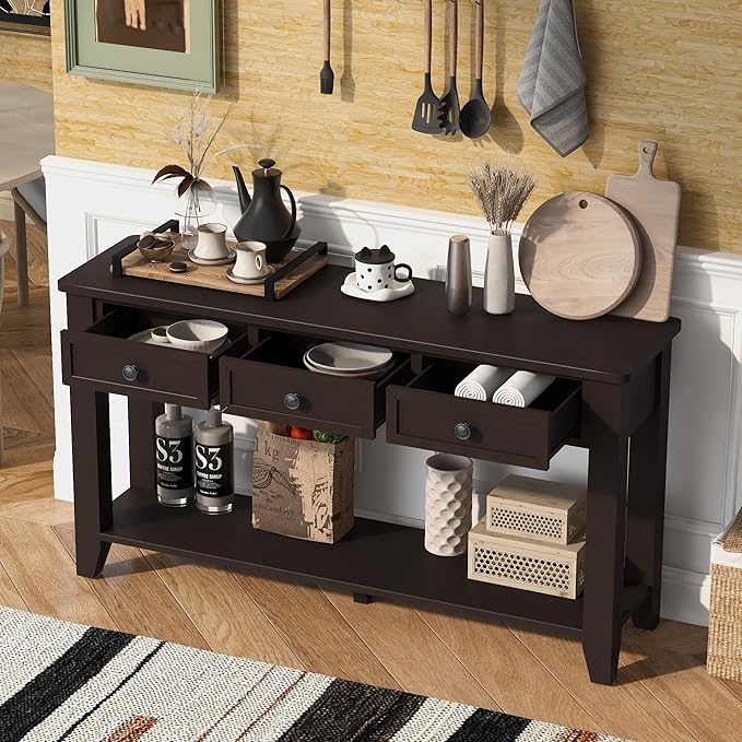 Farmhouse Modern Console Table 55.4-Inch Entryway Sofa Table with Drawers & Storage Shelf for Living Room Hallway Entrance, Dark Coffee-Ruum Studio Home
