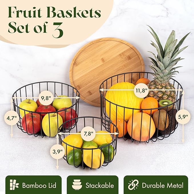 Fruit Basket for Kitchen Counter Set of 3 - Large Stackable Baskets with Bamboo Lid - Perfect Holder For Fruit and Vegetable Storage - Keep Your Countertop Classy, Tidy and Slightly Fruity!-Ruum Studio Home