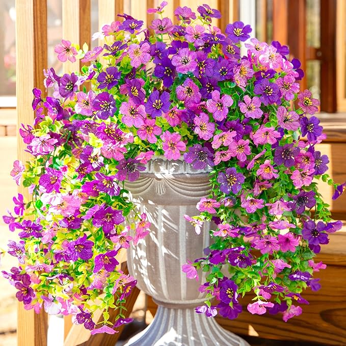 Artificial Faux Hanging Flowers Plants for Spring Outdoor Outside Decoration, 2 PCS Fake Silk Daisy with Eucalyptus UV Resistant Realistic Trailing Vines for Balcony Patio Porch (Darkpurple+Purple)-Ruum Studio Home