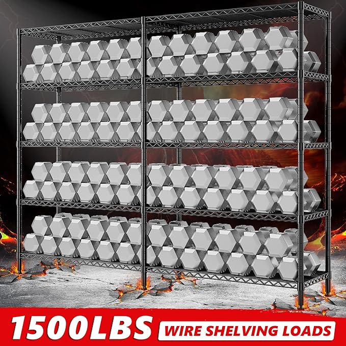 REIBII 5-Tier Heavy Duty Metal Wire Shelves, Industrial Style, 61.7"W x 72.4"H x 15.8"D, 1500 LBS Capacity, Adjustable, Rust Resistant, 2 Pack-Ruum Studio Home