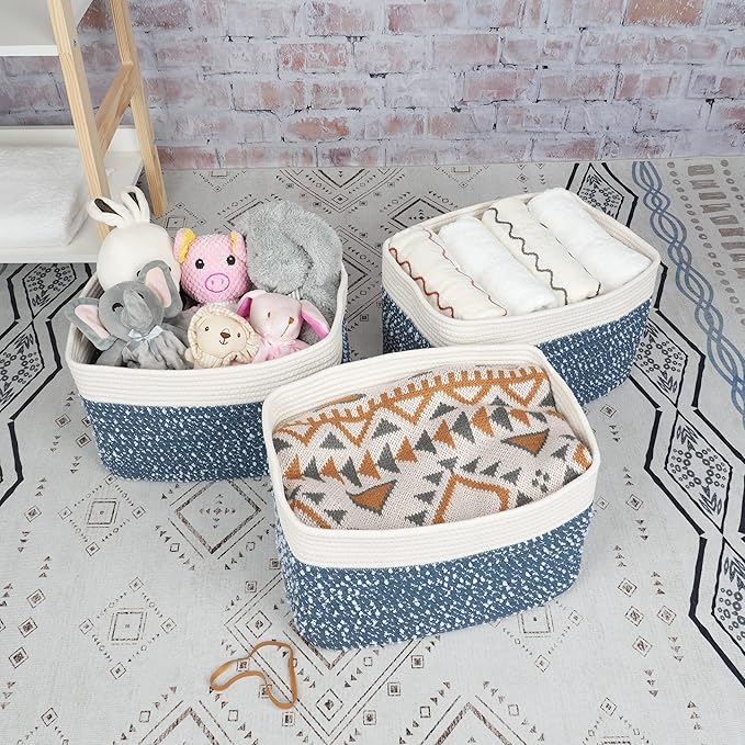 White and Blue Cotton Rope storage Basket Bins Woven Basket for Organizing Shelves 14.5X9.5X9.3“ Rectangle Decorative Baskets For storage Books Towels Wicker Nursery basket organizer Set of 3-Ruum Studio Home