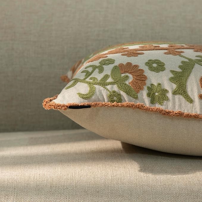 Embroidered Mandala Floral Vintage Indian Cotton Decorative Embroidery Throw Pillow Covers, Fringes Lace Cushion Cover, Pillow Case for Sofa Couch Bed Chair 18" x 18"-Ruum Studio Home