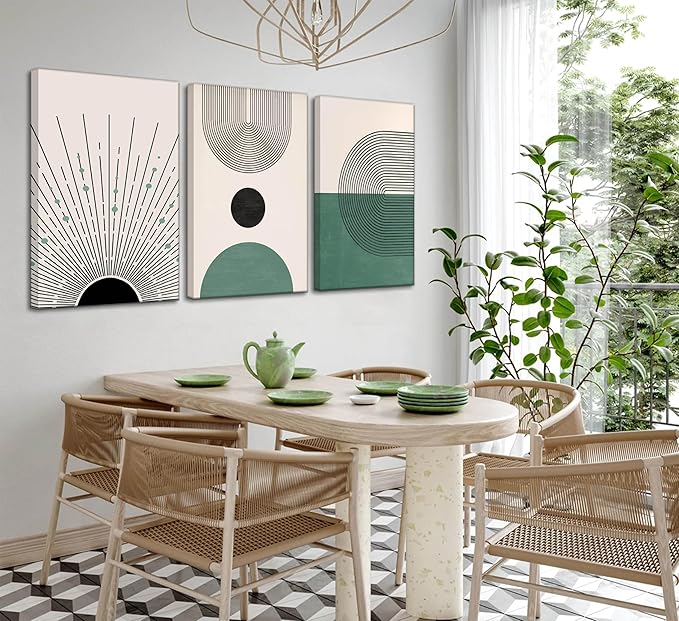 3 Pcs Sage Green Boho Canvas Wall Art Modern Abstract Minimalist Neutral Bohemian Sun Geometric Line Painting Picture Wall Decor Poster Print Artwork for Living Room Bedroom Home Decoration-Ruum Studio Home