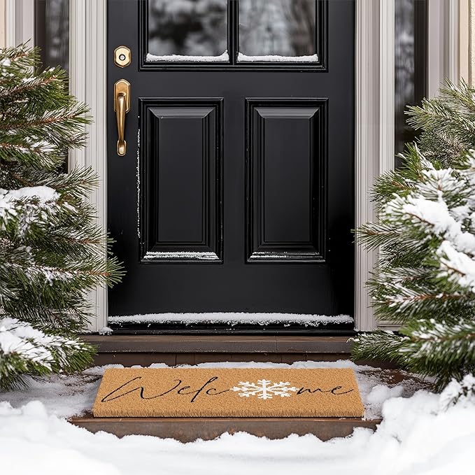 Barnyard Designs Natural Coco Coir Christmas Doormat - Large Cute Non-Slip Heavy Duty Backing Door Mat for Outside Entrance or Porch Entry, Brown (17x30, Winter Snowflake)-Ruum Studio Home