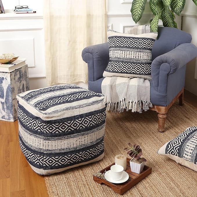 REDEARTH · Tufted Pouf Ottoman with Filler Textured Storage Cube Bean Bag Pouffe Footrest for Living Room, Bedroom, Nursery, Home Decor; 100% Cotton (17.5"X17.5"X17.5", Indigo Impressions)-Ruum Studio Home
