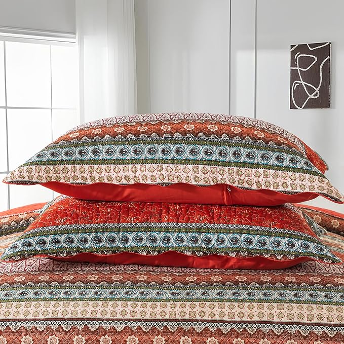 NEWLAKE Cotton Bedspread Quilt Sets - Reversible Patchwork Coverlet Set, Red Striped Jacquard Pattern, California King Size-Ruum Studio Home