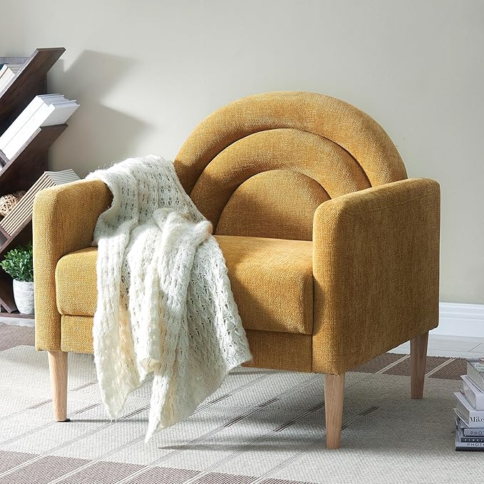 Accent Chair Reading Chair with Armrest, Small Comfy Chair for Small Spaces, Modern Linen Upholstered Armchair for Bedroom & Living Room, Single Sofa Chair with Wood Legs, Easy Assembly (Yellow)-Ruum Studio Home