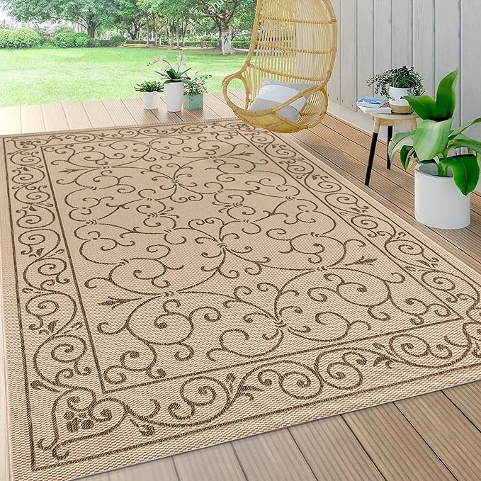 JONATHAN Y Vintage Filigree Indoor Outdoor Area Rug 6X9 Beige/Brown, Charleston Textured Weave for Backyard, Patio, Porch, Easy-Cleaning, High Traffic, Pet-Friendly, Non-Shedding (SMB106A-6)-Ruum Studio Home