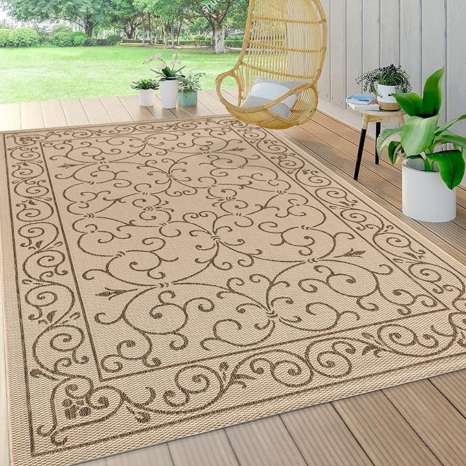 JONATHAN Y Vintage Filigree Indoor Outdoor Area Rug 4X6 Beige/Brown, Charleston Textured Weave for Backyard, Patio, Porch, Easy-Cleaning, High Traffic, Pet-Friendly, Non-Shedding (SMB106A-4)-Ruum Studio Home