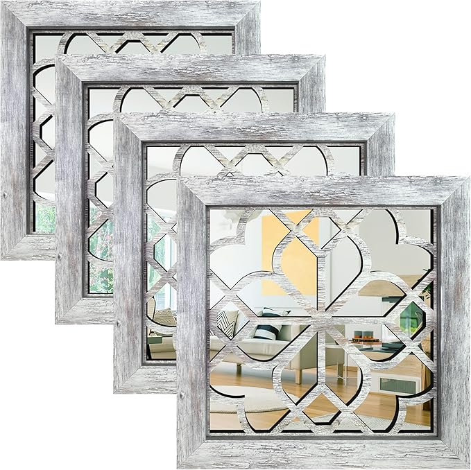4pcs Farmhouse Wall Mirror with Carved Floral Design -Rustic Mirror Decor for Home, 12x12 inch(Grey)-Ruum Studio Home
