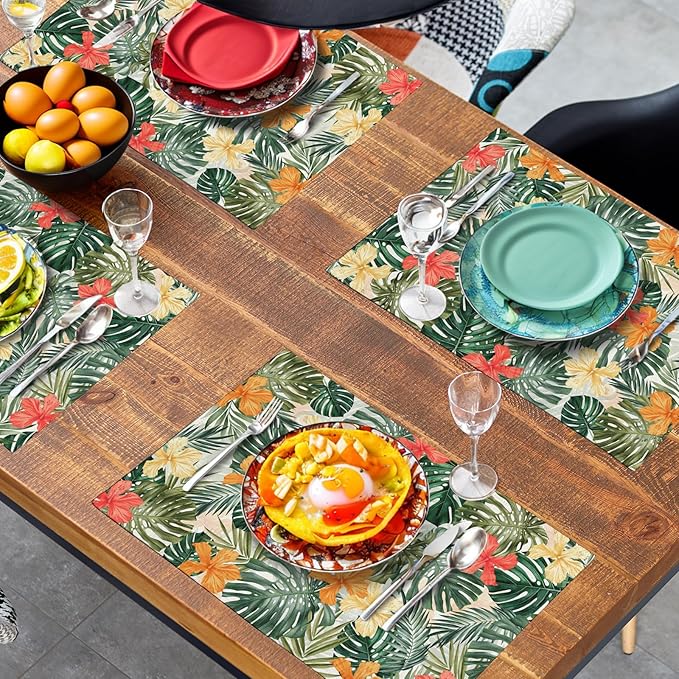 Tropical Palm Leaves Table Mats Set of 4 Summer Watercolor Hibiscus Flower Leaf Placement Mats for Dining Table Washable Non-Slip Heat Resistant Linen Place Mat 12×18 Inch-Ruum Studio Home