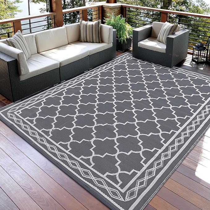 GAOMON Outdoor Plastic Straw Rug, 10'x14' Reversible Sage Green Patio Mat, Flower Modern Design for RV, Backyard, Deck, Camping, Picnic, Grey/White(Geometric)-Ruum Studio Home