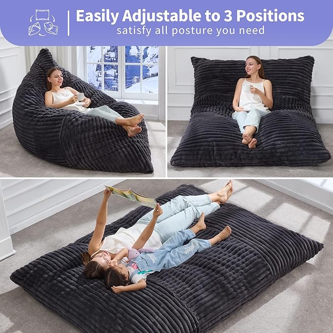 Hobestluk 3 in 1 Bean Bag Chair Giant Bean Bag Chairs Convertible Bean Bag Floor Cushion with Machine Washable Cover, Beanbag Chairs for Adult (Dark Grey)-Ruum Studio Home