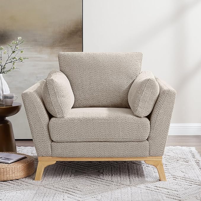 Large-Sized Accent Chair, Thick Cushion Bedroom Reading Chair, Comfortable Living Room Single Sofa， Boucle Camel-Ruum Studio Home