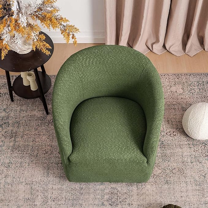 KINWELL 32" Wide Modern Boucle Swivel Barrel Chair, No Assembly Round Upholstered Swivel Accent Armchair for Living Room, Bedroom, Office (Green)-Ruum Studio Home