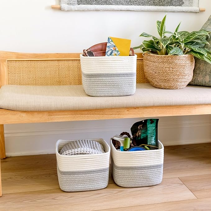 NaturalCozy Storage Cubes 9”x9”x7”Cotton Rope Woven Baskets for Organizing 3-Pack | 9 Inch Cube Storage Bin | Small Basket for Shelf Nursery, Pantry, Decorative Plant, Bathroom Closet, Toy Gift-Ruum Studio Home