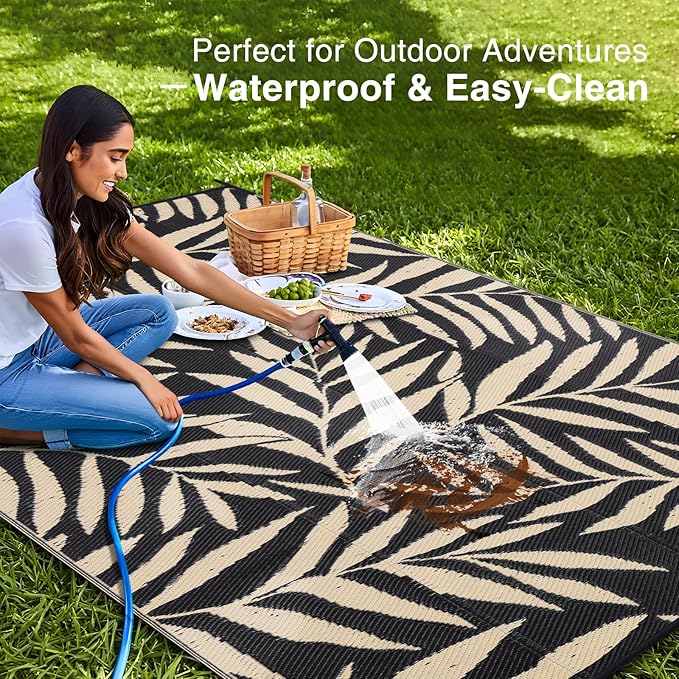 OLANLY Waterproof Outdoor Rug 6x9 ft, Reversible Outdoor Plastic Straw Rug with Leaf Pattern, RV Mat, Indoor Outdoor Carpet for Patio, Camping, Balcony, Deck, Backyard, Black & Beige-Ruum Studio Home