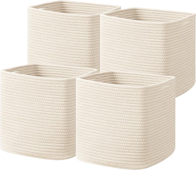 joybest Cube Storage Bins Set of 4, 13inch Cube Baskets Organizer for Nursery, Square Cotton Rope Baskets for Shelves Organizing, Kids Toy, Closet Storage, Beige-Ruum Studio Home