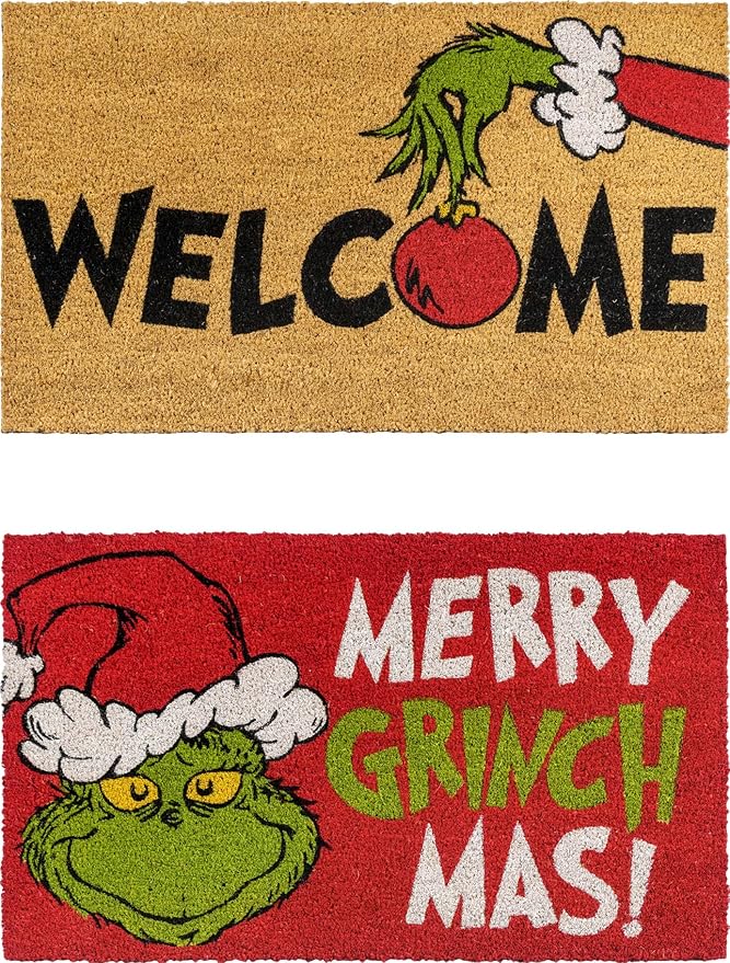 Gertmenian Disney Mickey Mouse Doormat Rug Retro Front Door Coir Mat Home Indoor Outdoor Entryway Carpet, 2-Pack 20x34, The Grinch Welcome/Merry Grinchmas-Ruum Studio Home