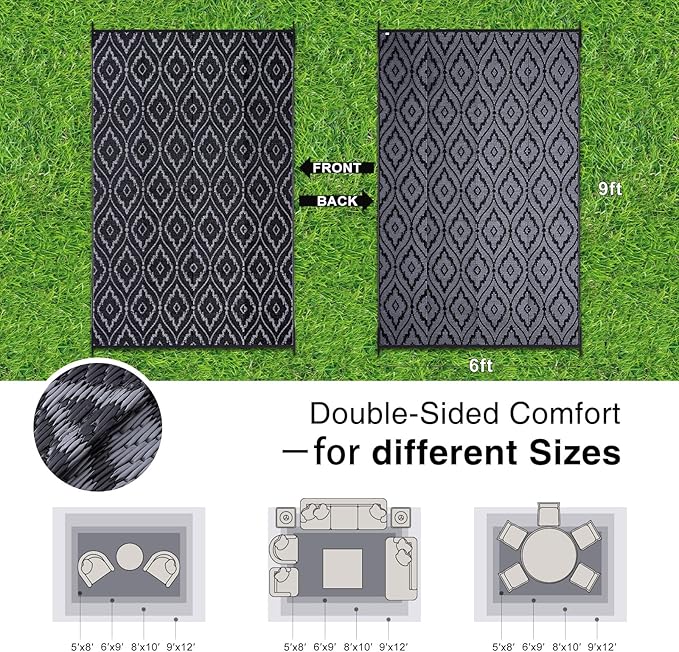 OLANLY Outdoor Rug 6x9 ft Waterproof, Outdoor Plastic Straw Rug with Geometric Pattern Clearance, Reversible RV Mat for Patio, Camping, Balcony, Deck, Backyard, Black & Grey-Ruum Studio Home