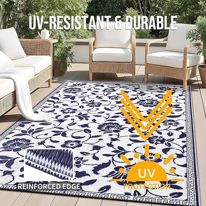 OLANLY Waterproof Outdoor Rug 5x8 ft, Outdoor Plastic Straw Rug with Flower Pattern, Reversible RV Mat for Patio, Camping, Balcony, Deck, Backyard, Navy & White-Ruum Studio Home