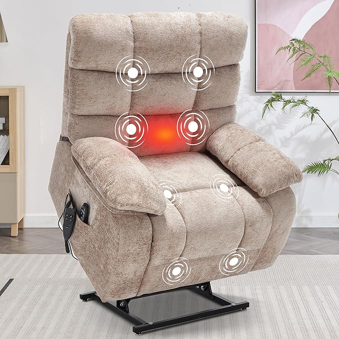 Lay Flat Recliner with Vibration Massage and Lumbar Heating, 26'' Wide Recliner Chair with Infinite Position and 2 Remote Controls, Soft Chenille Lift Recliner for Living Room, Khaki-Ruum Studio Home