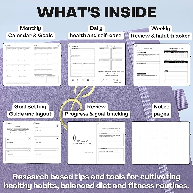 Life & Apples Wellness Journal Planner – Food Log, Fitness Tracker, Habit Tracker, Weight Loss Journal for Diet Tracking and Health Goals, Undated, Size A5 Lavender-Ruum Studio Home