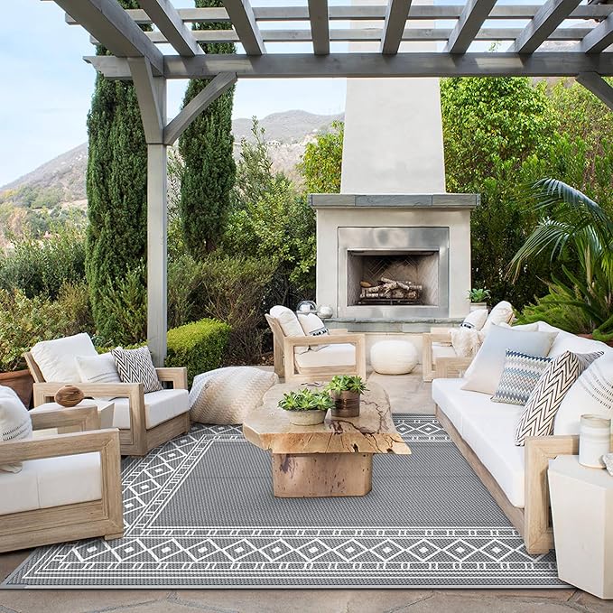 GENIMO Outdoor Rug Waterproof for Patio Decor, 8'x10' Reversible Outdoor Plastic Straw Rug Carpet, Camping Mats for Outdoor Decor, RV, Backyard, Deck, Balcony, Picnic, Grey & White-Ruum Studio Home