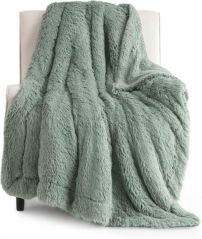 Bedsure GentleSoft Fuzzy Sherpa Faux Fur Twin Blanket Sage Green Cozy Gifts for Women Men, Soft Fleece Plush Warm Minky Thick Blanket Twin Size for Bed, Dorm Essentials Sage Room Decor Gifts, 60x80-Ruum Studio Home