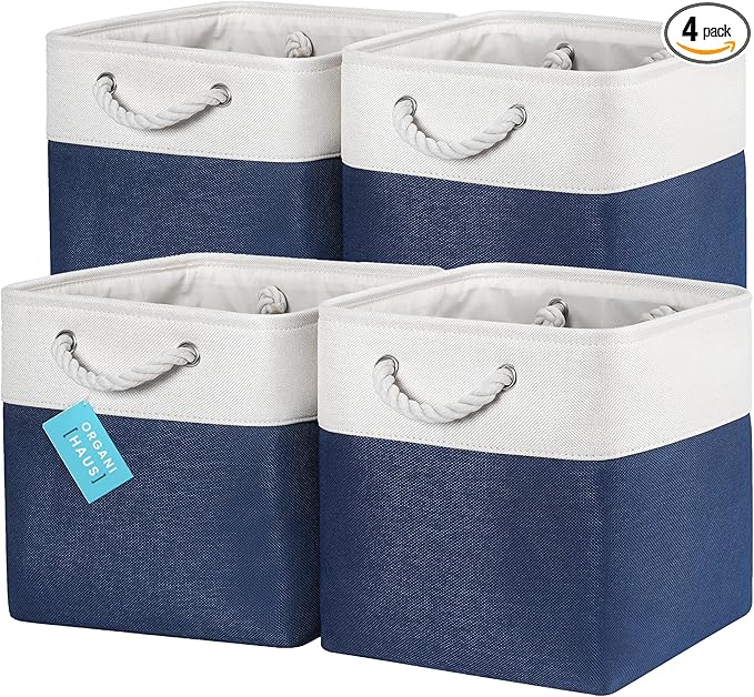 OrganiHaus 12x12 Cube Storage Bins 4 Pack, Foldable Cube Storage Organizer w/ Rope Handles, Collapsible Fabric Bins for Toys, Clothes & Closet Organization, Fabric Square Baskets - Navy Blue-Ruum Studio Home