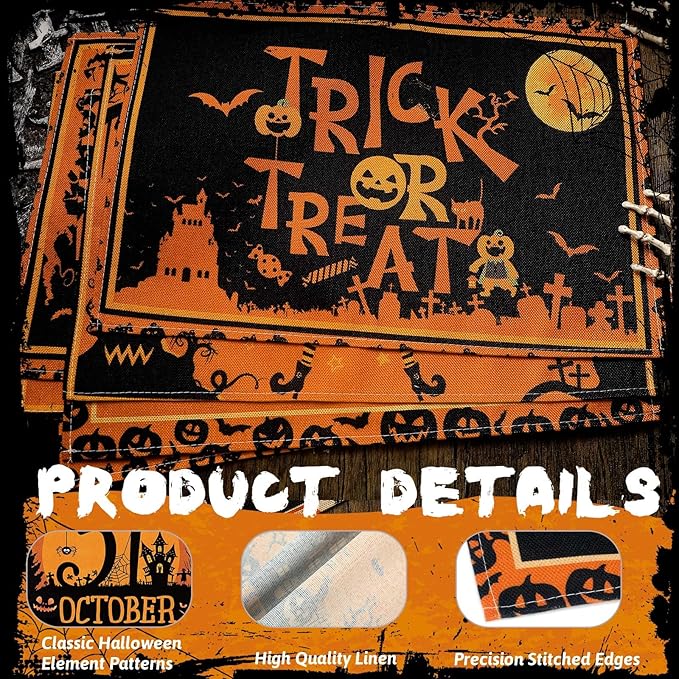 Umigy 6 Pcs Halloween Placemats 12"x18" Gothic Bat Placemats Kitchen Decoration Washable Witch Place Mats Rectangle Skull Table Mats for Halloween Dining Table Accessories(Black Orange Style)-Ruum Studio Home