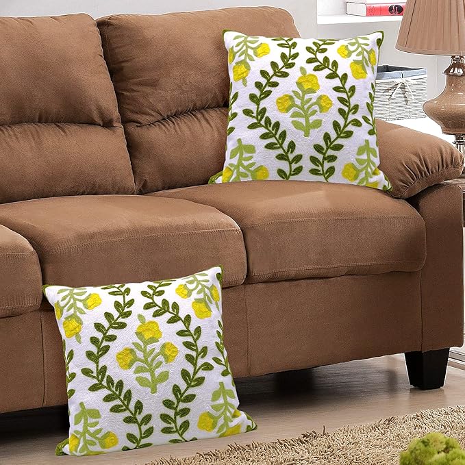 Alysheer Floral Embroidered Summer Decorative Throw Pillow Cover 18"x 18" Set of 2, Farmhouse Cottage Yellow Flower Green Leaves Patterned Cotton Cushion Case for Couch Bed Living Room Outdoor Decor-Ruum Studio Home