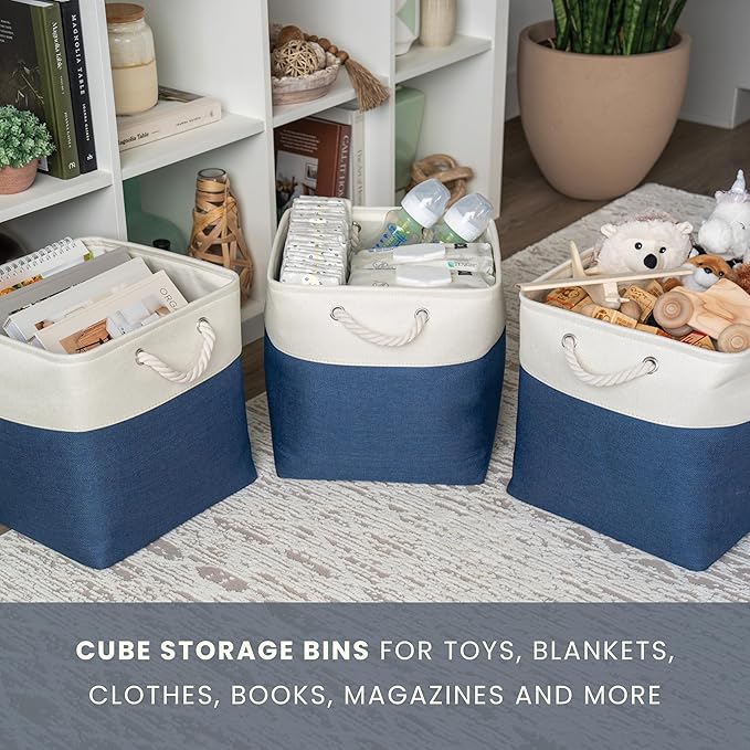 OrganiHaus 13x13 Cube Storage Bins 4 Pack, Foldable Cube Storage Organizer w/ Rope Handles, Collapsible Fabric Bins for Toys, Clothes & Closet Organization, Fabric Square Baskets - Navy Blue-Ruum Studio Home
