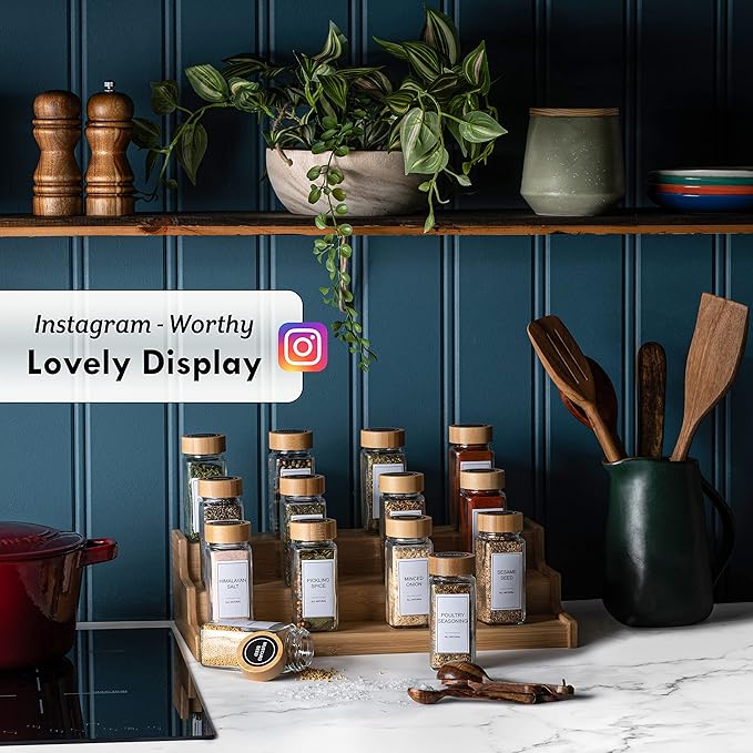 Set of 24 Glass Spice Jars with Various Labels, Bamboo Shaker Lids & Funnel, Kitchen Storage Jars with Airtight Lid, Spices & Seasonings Sets Organizer, Spice Containers, Glass Jar Food Canister-Ruum Studio Home