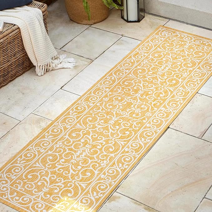 JONATHAN Y Vintage Filigree Indoor Outdoor Runner Rug 2X8 Yellow/Cream, Charleston Textured Weave for Backyard, Patio, Porch, Easy-Cleaning, High Traffic, Pet-Friendly, Non-Shedding (SMB106L-28)-Ruum Studio Home