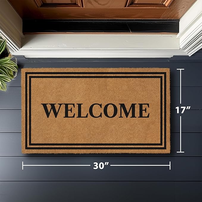 Barnyard Designs Natural Coco Coir Heavy Duty Backing Doormat - Large Cute Non-Slip Front Door Welcome Mat for Outside Entrance or Porch Entry, Brown (17x30, Welcome)-Ruum Studio Home