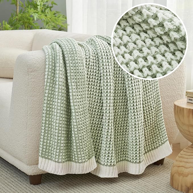 Amélie Home Chenille Waffle Throw Blanket for Couch, Reversible Pineapple Stitch Knit Soft Cozy Knit Blanket Lightweight Warm Decorative Throw for Sofa, Bed, Living Room, 50"x60", Sage Green&Ivory-Ruum Studio Home